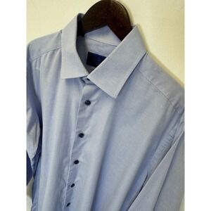 David Donahue Mens Blue White Micro Texture Trim Fit Dress Shirt 17 34/35 Cotton
